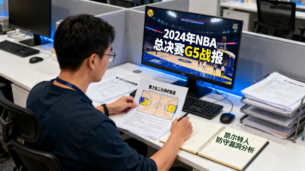 体育资讯编辑场景，工作人员整理赛事新闻与分析内容